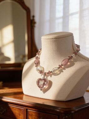 Vintage Hilary London Purple Puff Heart Glass  Pendant and Murano Beads Necklace